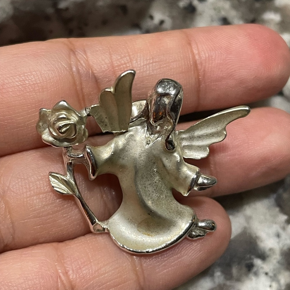 Vintage Giuti Gigi Flying Angel Holding Silver Angel Brooch with Rose Brooch Pin